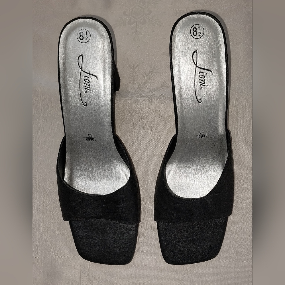 Fioni Black Square Toe 4" Block Heel Mules Slip on Sandals Size 8.5 - Picture 3 of 16